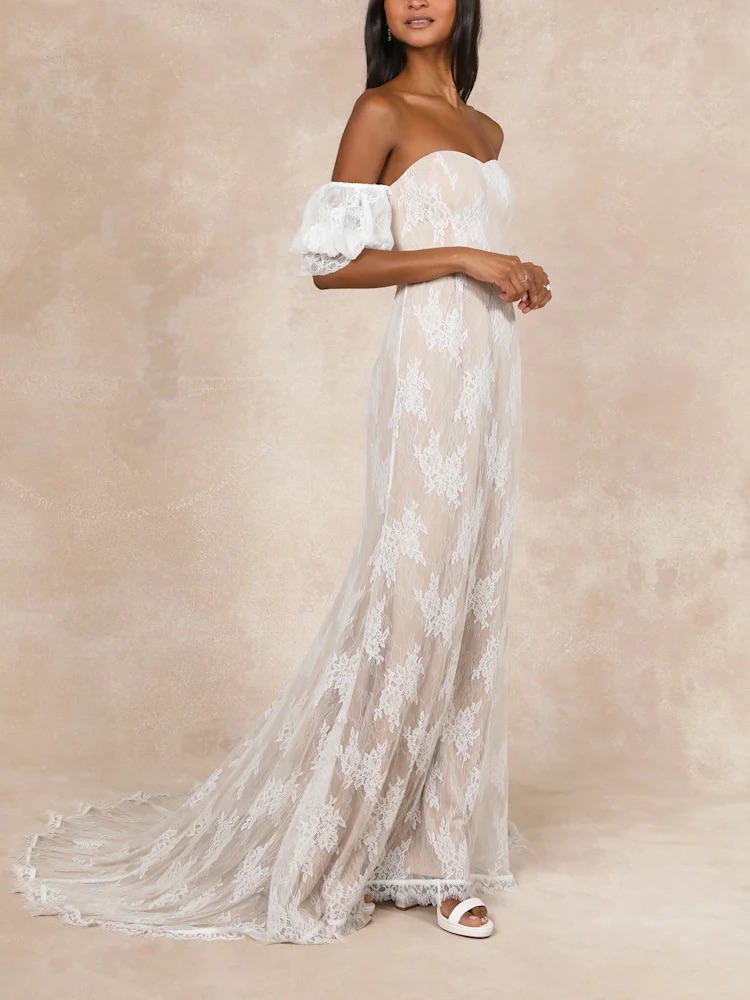 Nwt Lulu’s Loving Beauty White Lace Puff Sleeve Off-The-Shoulder Maxi Dress